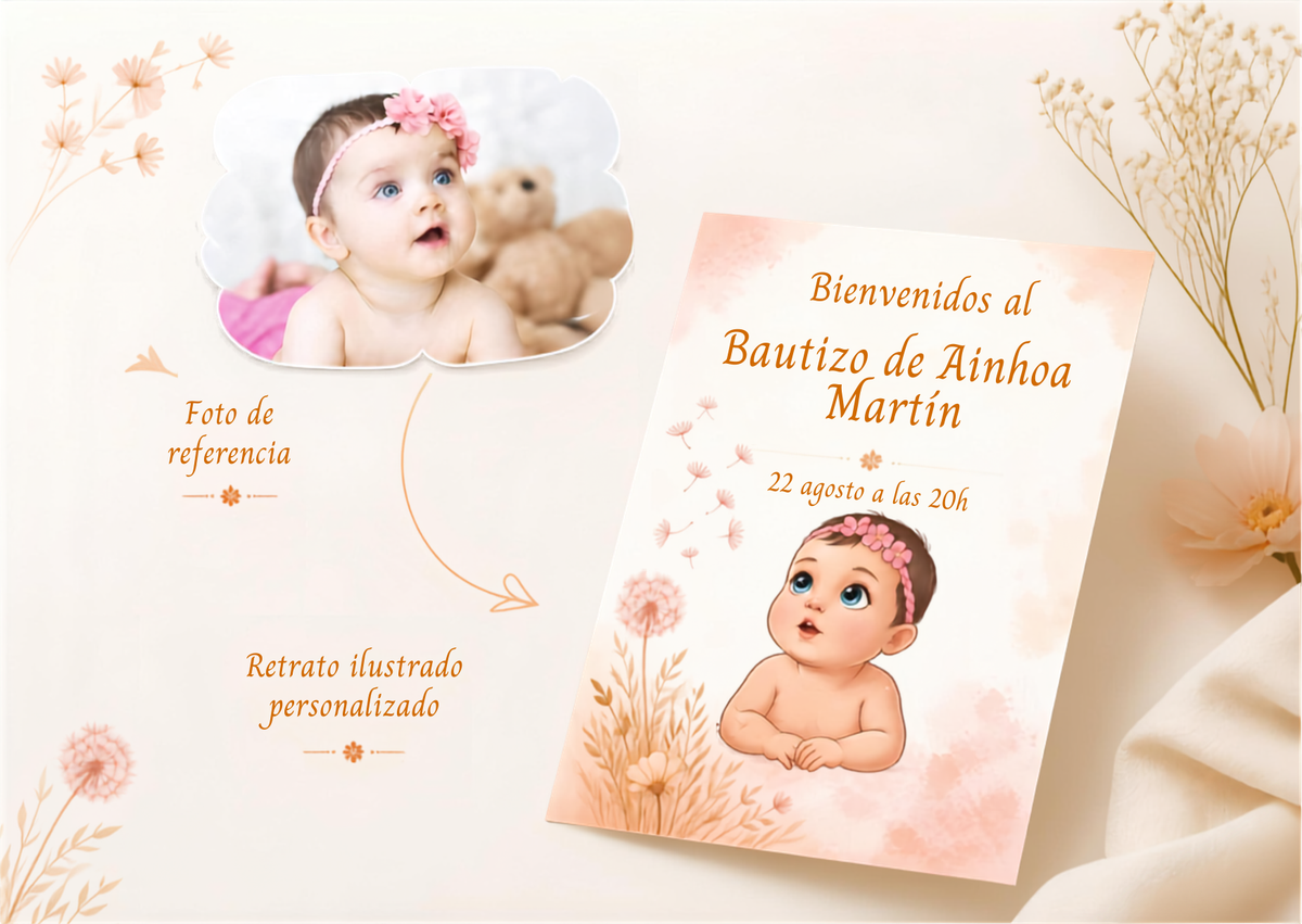 Cartel Bienvenida A3 bautizo personalizable | Retrato bebé animado fiesta nacimiento | Lámina 29,7x42cm entrada celebración