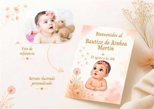 Cartel Bienvenida A3 bautizo personalizable | Retrato bebé animado fiesta nacimiento | Lámina 29,7x42cm entrada celebración