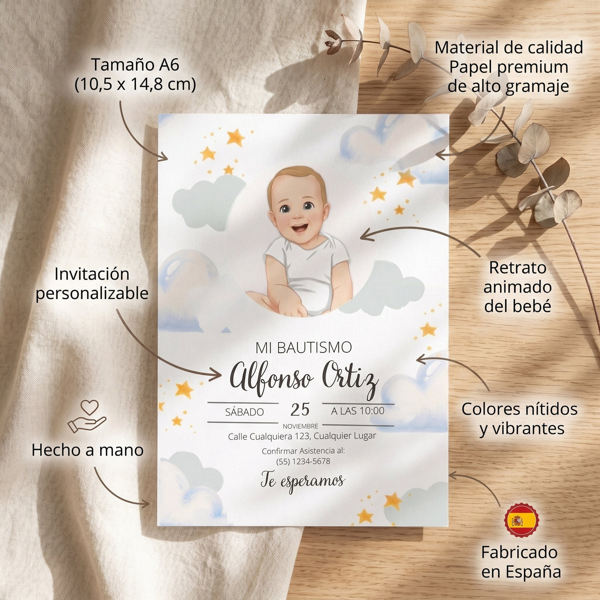 Invitacion bautizo personalizada | Retrato animado bebé bautismo | Recuerdo invitados nacimiento del bebé | Ilustración animada del bebé