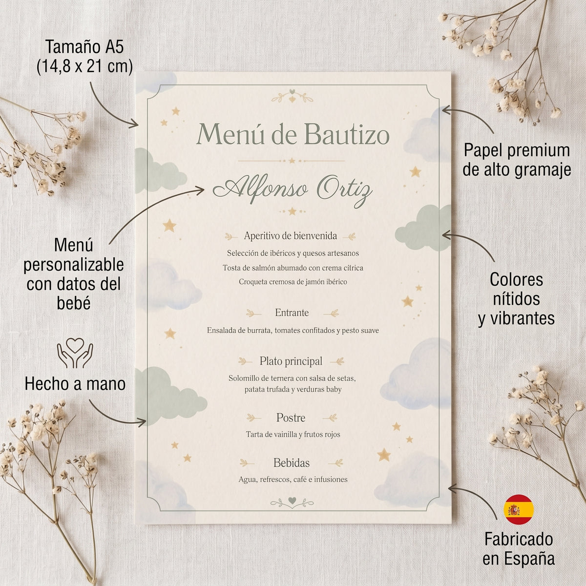 Menú personalizable bautizo | Colección dulce bautizo | Evento hecho a medida | Papelería de evento fiesta nacimiento del bebé