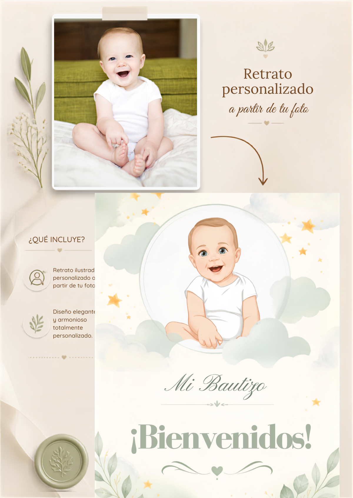 Cartel de Bienvenida bautizo retrato | Lámina A3 nacimiento del bebé | Póster entrada fiesta bautismo | Cartel personalizable retrato del bebé