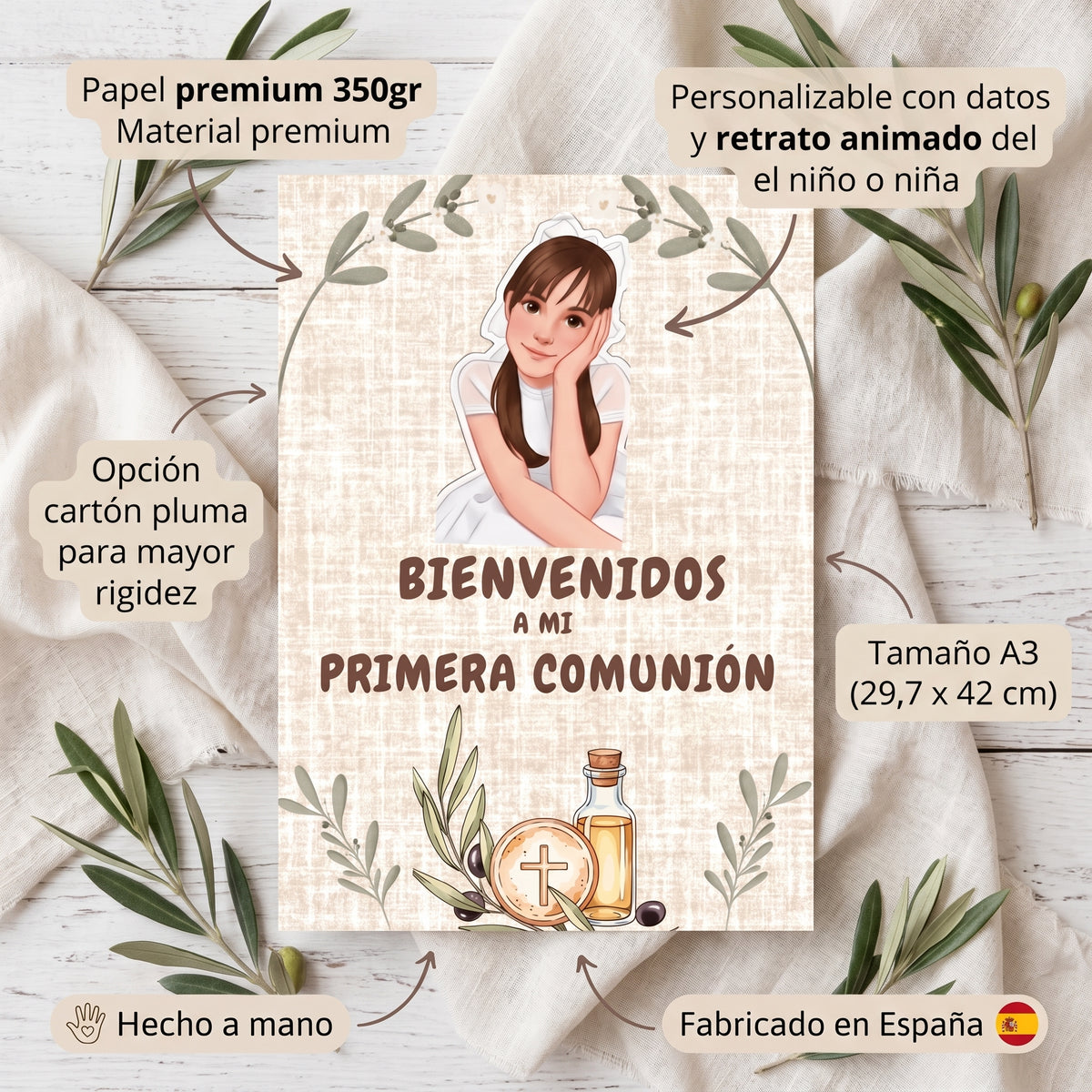 Póster Bienvenida Mi primera Comunión personalizable | Retrato animado niño niña comunión | Tamaño A3