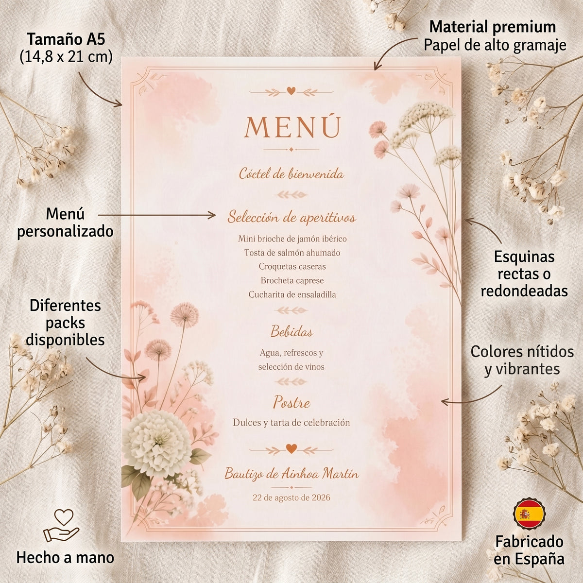 Menú de Bautizo Personalizado · Formato A5 · Pack 10 / 20 / 30 · Diseño Premium con Ilustración Animada
