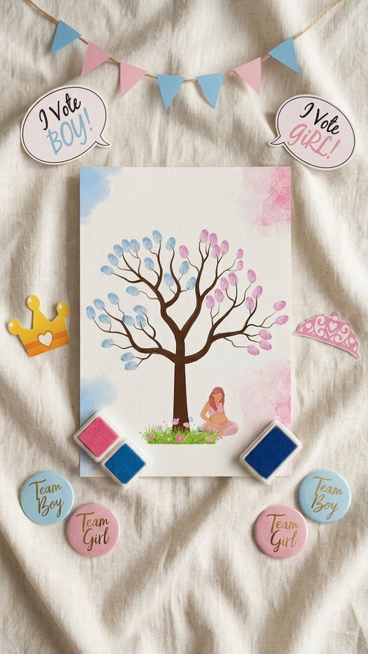 Árbol de huellas revelación de género - Tinta azul y rosa - Actividad gender reveal