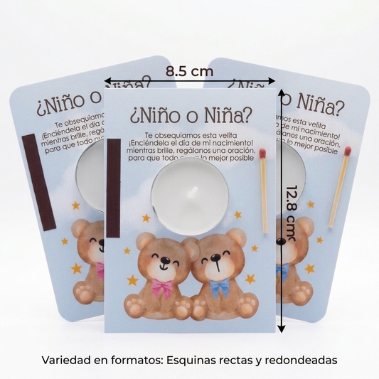 Recordatorio fiesta revelación de género | Regalo invitados gender reveal party | Recuerdo velita dia nacimiento