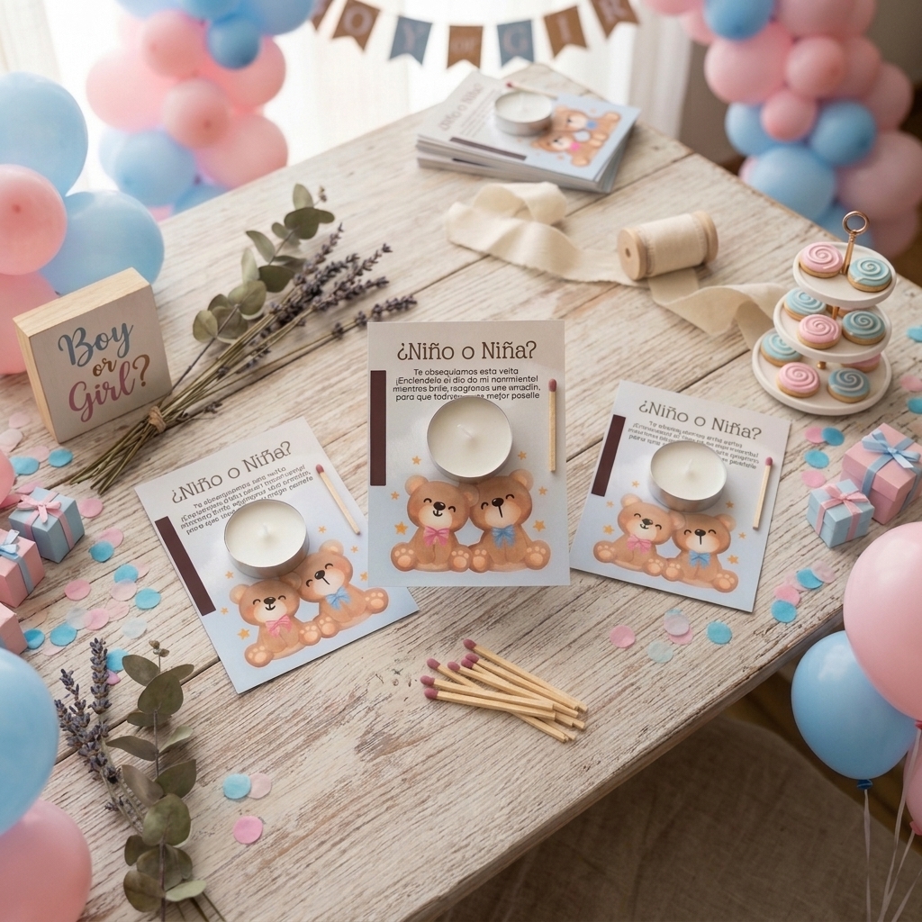 Recordatorio fiesta revelación de género | Regalo invitados gender reveal party | Recuerdo velita dia nacimiento