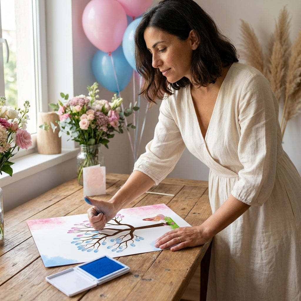 Árbol de huellas revelación de género - Tinta azul y rosa - Actividad gender reveal