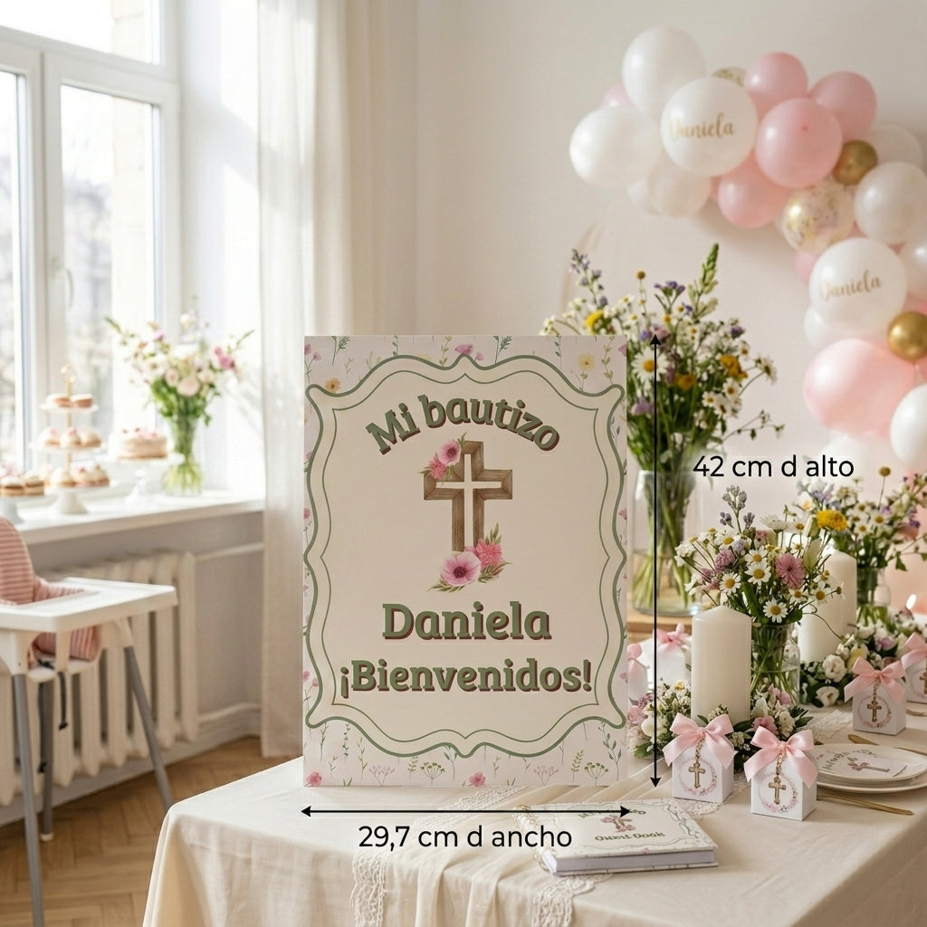 Cartel Bienvenida Bautizo Personalizable A3 – Papel Couche Mate 350 g – Diseño Floral con Cruz Rosa