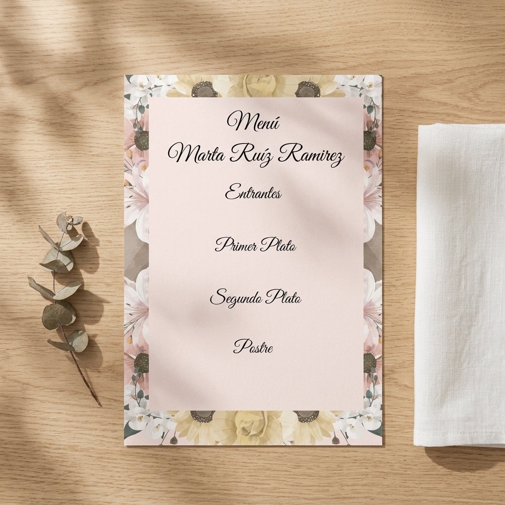 Menú personalizable comunión y bautizo | Pack disponibles 10, 20, 40 | Plantilla floral menú de eventos