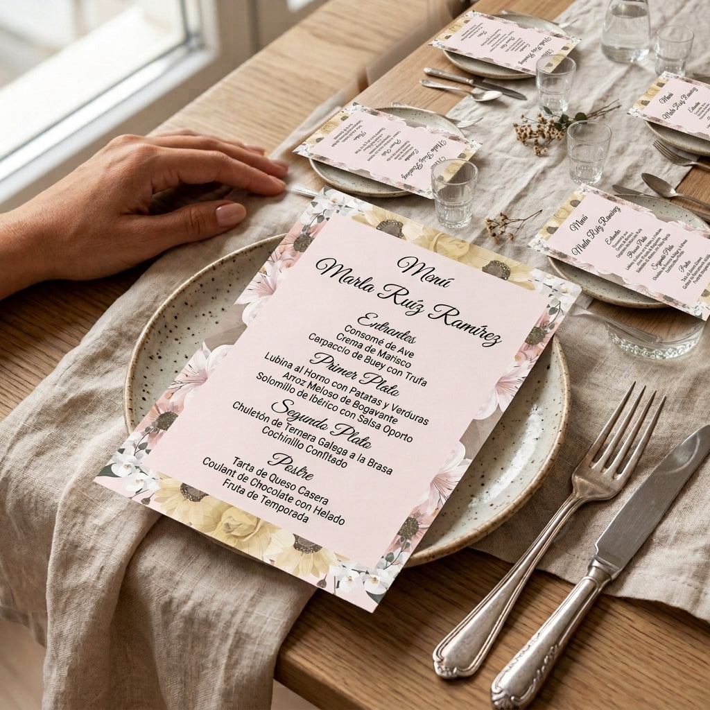 Menú personalizable comunión y bautizo | Pack disponibles 10, 20, 40 | Plantilla floral menú de eventos