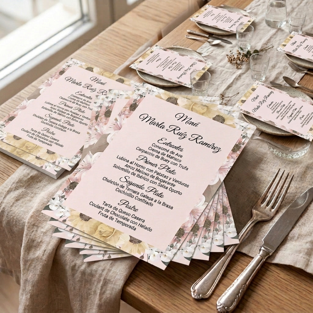 Menú personalizable comunión y bautizo | Pack disponibles 10, 20, 40 | Plantilla floral menú de eventos