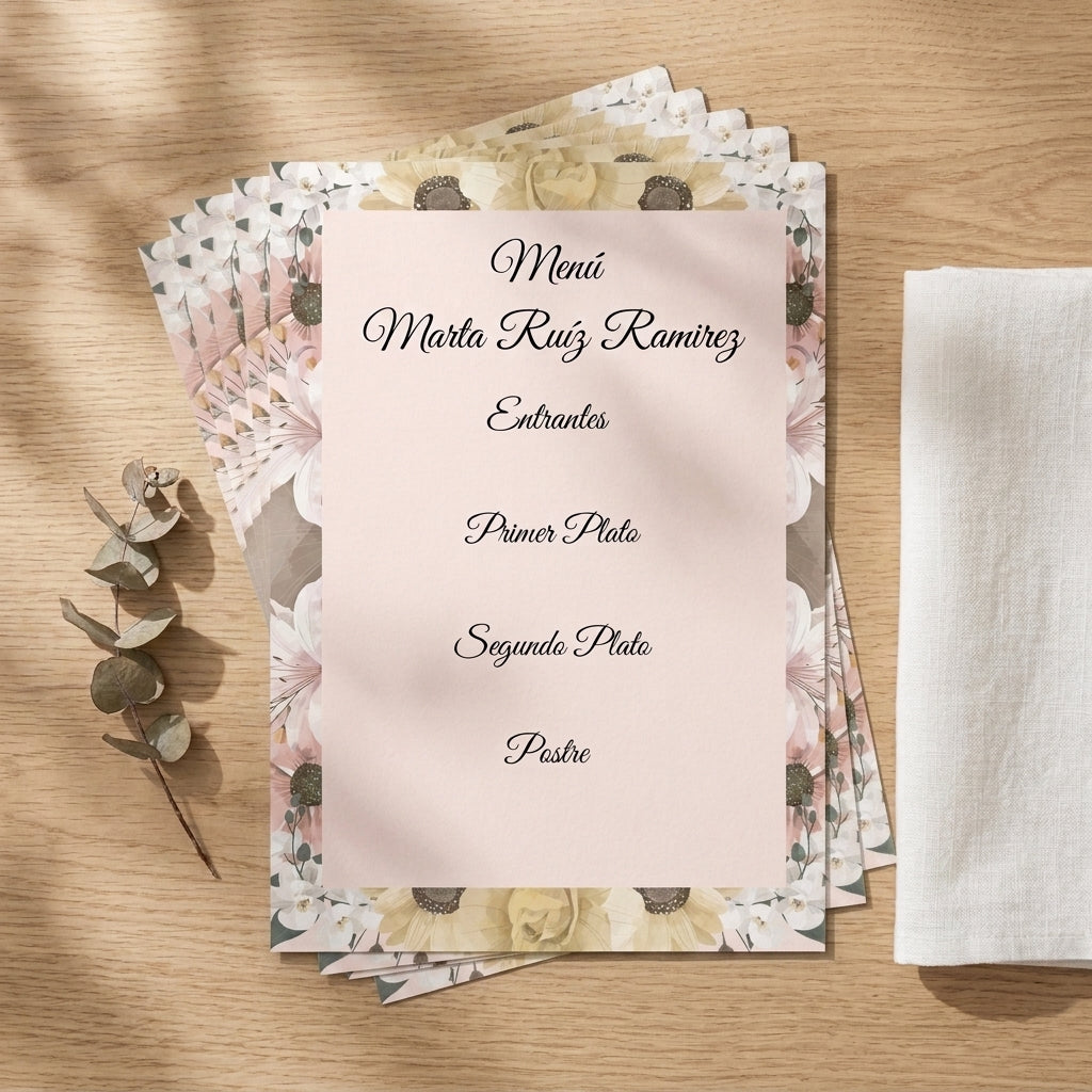 Menú personalizable comunión y bautizo | Pack disponibles 10, 20, 40 | Plantilla floral menú de eventos