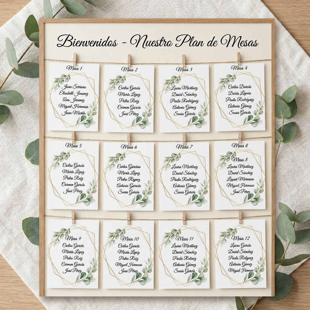 Plantillas A5 para Seating Plan, Numeración de Mesas y Menús · Diseño Eucalipto con Marco Dorado · Papel Couche Mate 200 g · Pack 30/50/100