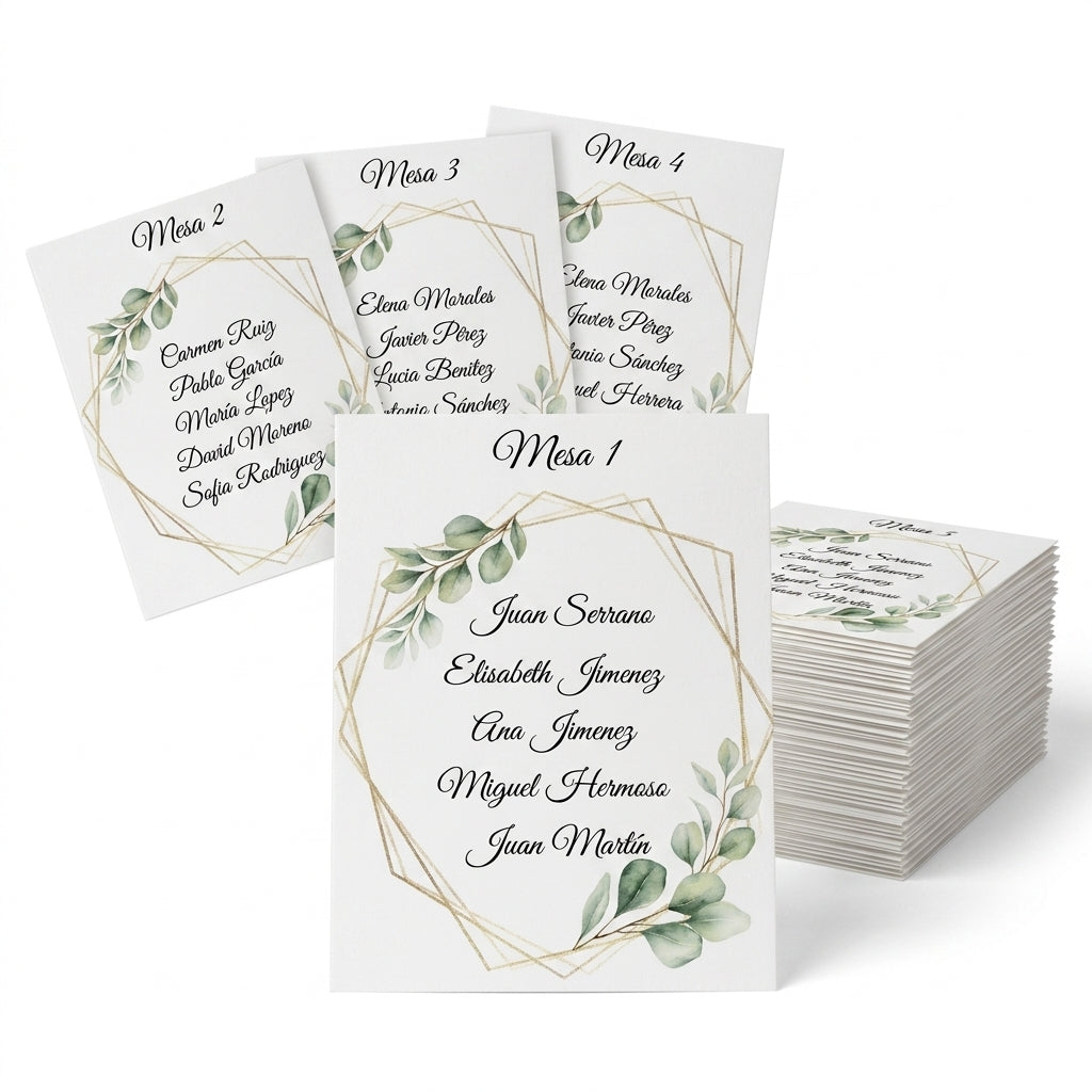 Plantillas A5 para Seating Plan, Numeración de Mesas y Menús · Diseño Eucalipto con Marco Dorado · Papel Couche Mate 200 g · Pack 30/50/100