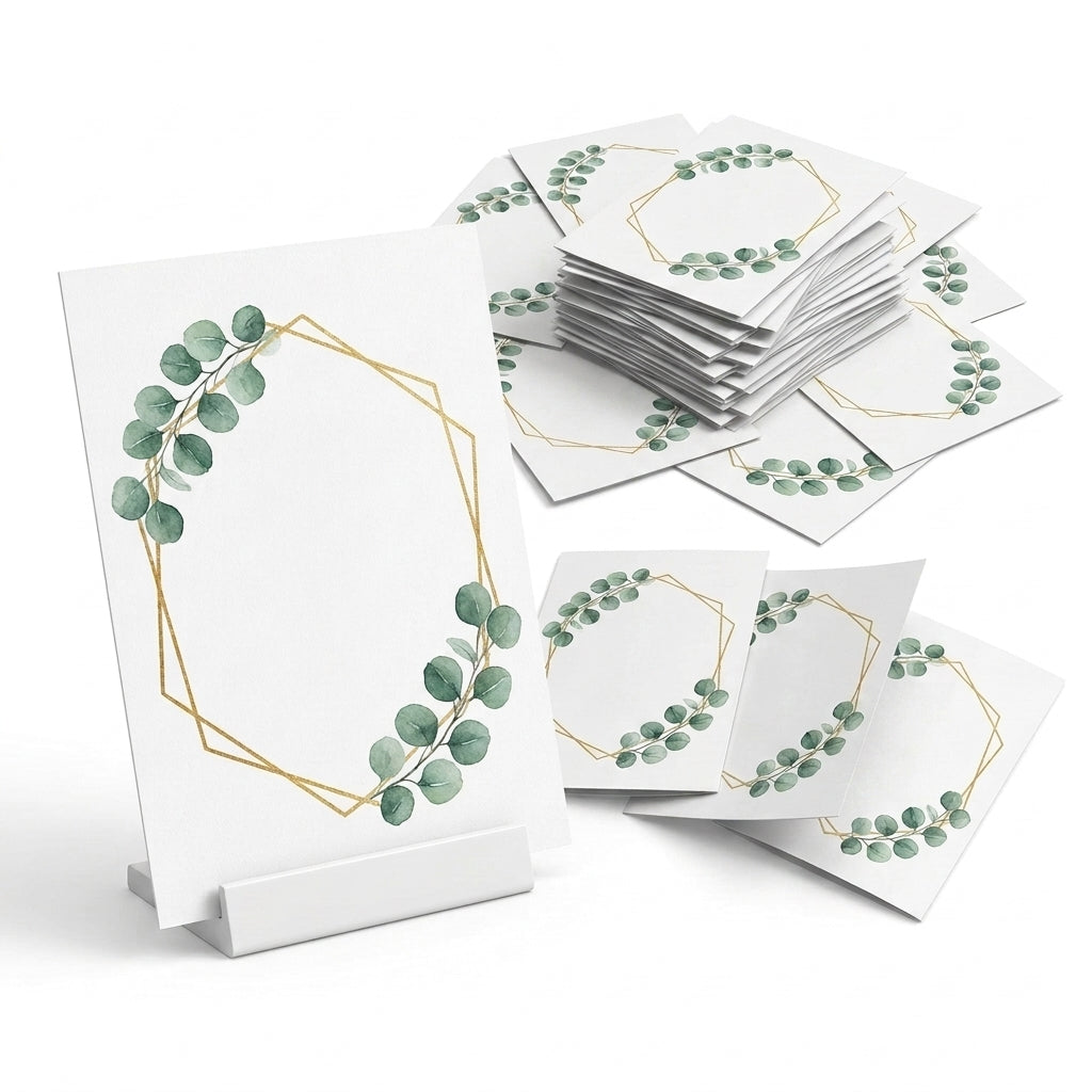Plantillas A5 para Seating Plan, Numeración de Mesas y Menús · Diseño Eucalipto con Marco Dorado · Papel Couche Mate 200 g · Pack 30/50/100
