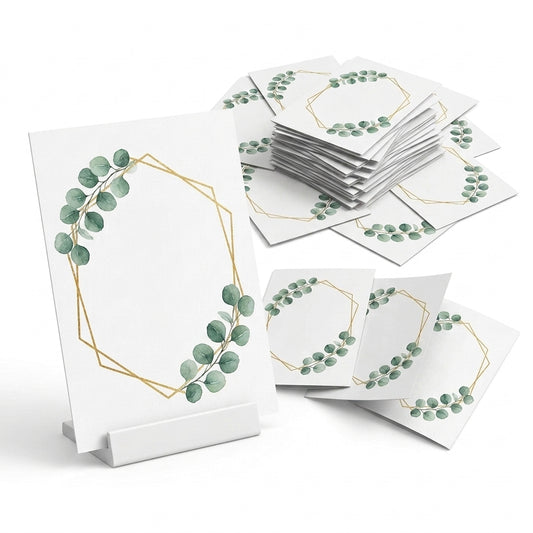 Plantillas A5 para Seating Plan, Numeración de Mesas y Menús · Diseño Eucalipto con Marco Dorado · Papel Couche Mate 200 g · Pack 30/50/100
