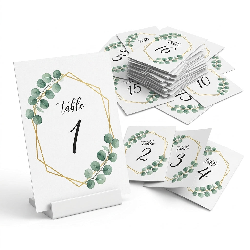 Plantillas A5 para Seating Plan, Numeración de Mesas y Menús · Diseño Eucalipto con Marco Dorado · Papel Couche Mate 200 g · Pack 30/50/100