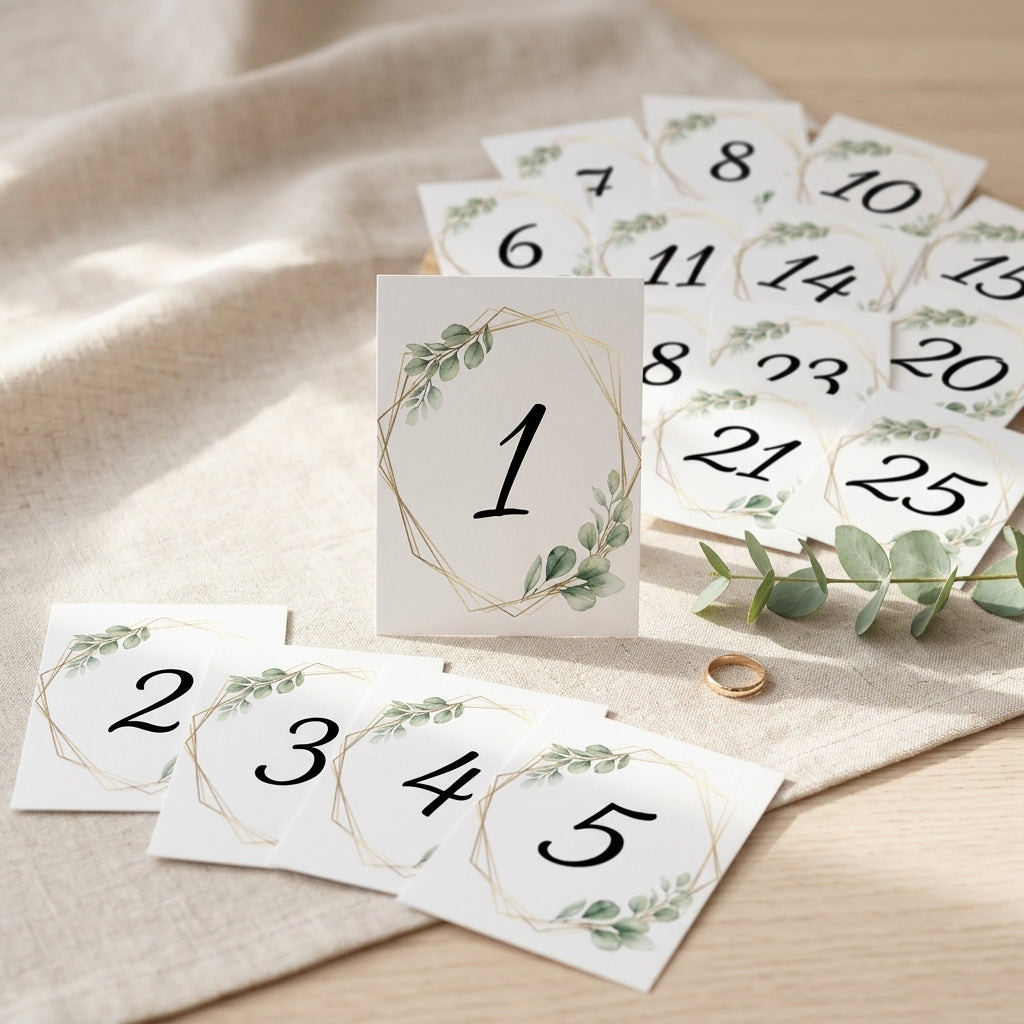Plantillas A5 para Seating Plan, Numeración de Mesas y Menús · Diseño Eucalipto con Marco Dorado · Papel Couche Mate 200 g · Pack 30/50/100