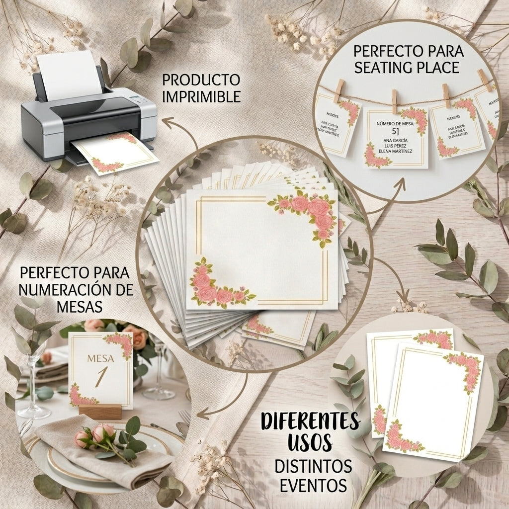 Plantillas A5 para Seating Plan, Numeración de Mesas y Menús – Diseño Floral con Marco Dorado – Papel Couche Mate 200 g – Pack 30/50/100