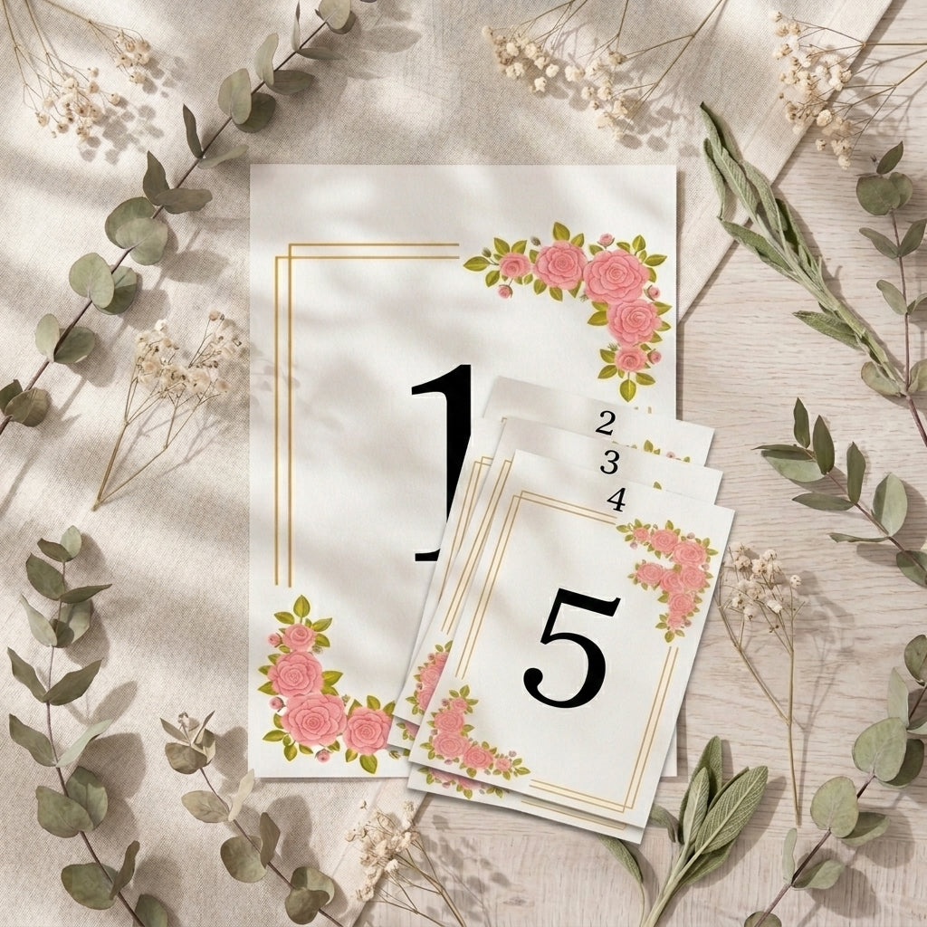 Plantillas A5 para Seating Plan, Numeración de Mesas y Menús – Diseño Floral con Marco Dorado – Papel Couche Mate 200 g – Pack 30/50/100