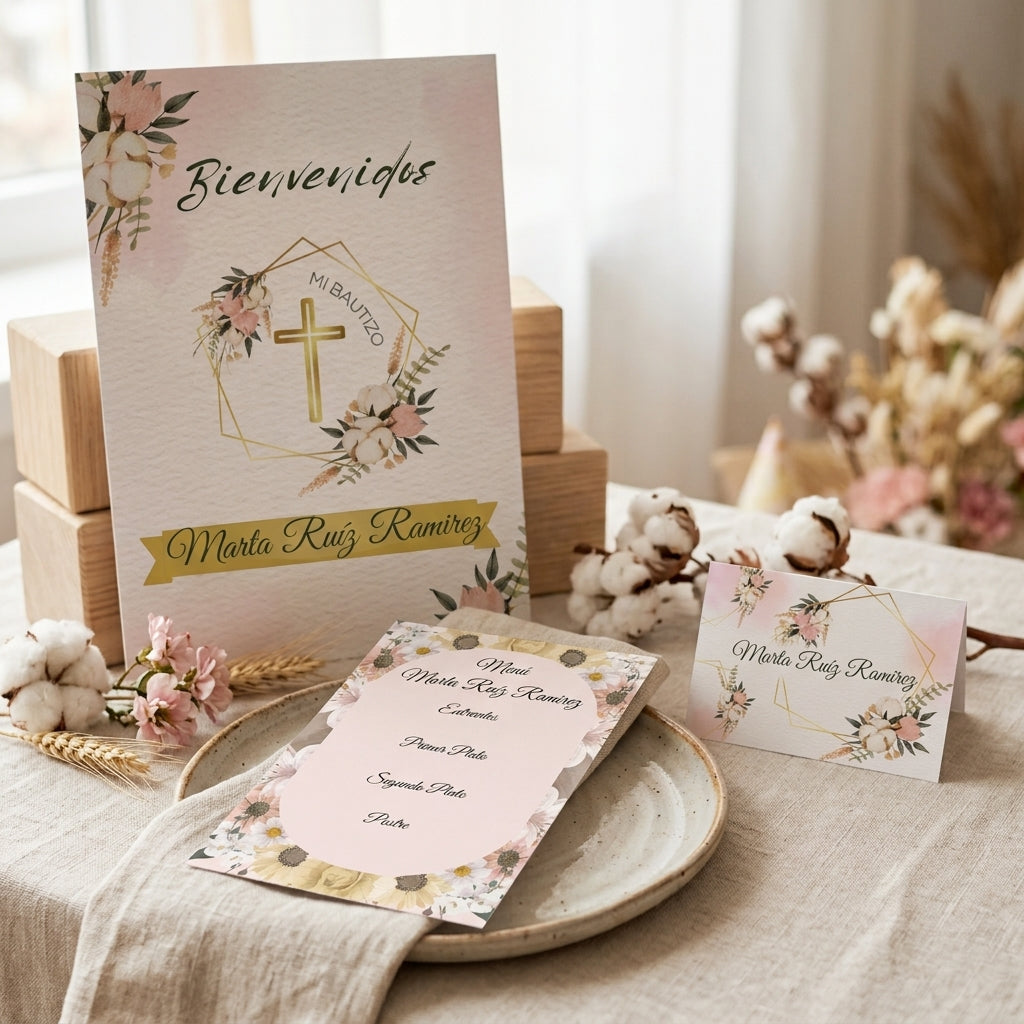 Menú personalizable comunión y bautizo | Pack disponibles 10, 20, 40 | Plantilla floral menú de eventos