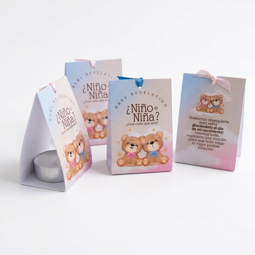 Regalo invitados Gender Reveal Party | Recordatorio velita nacimiento | Recuerdo invitados niño o niña