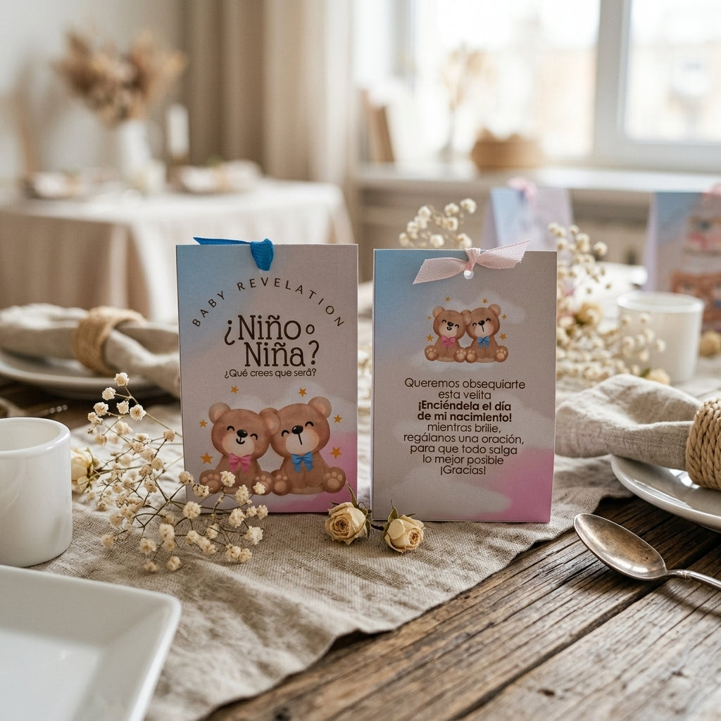 Regalo invitados Gender Reveal Party | Recordatorio velita nacimiento | Recuerdo invitados niño o niña