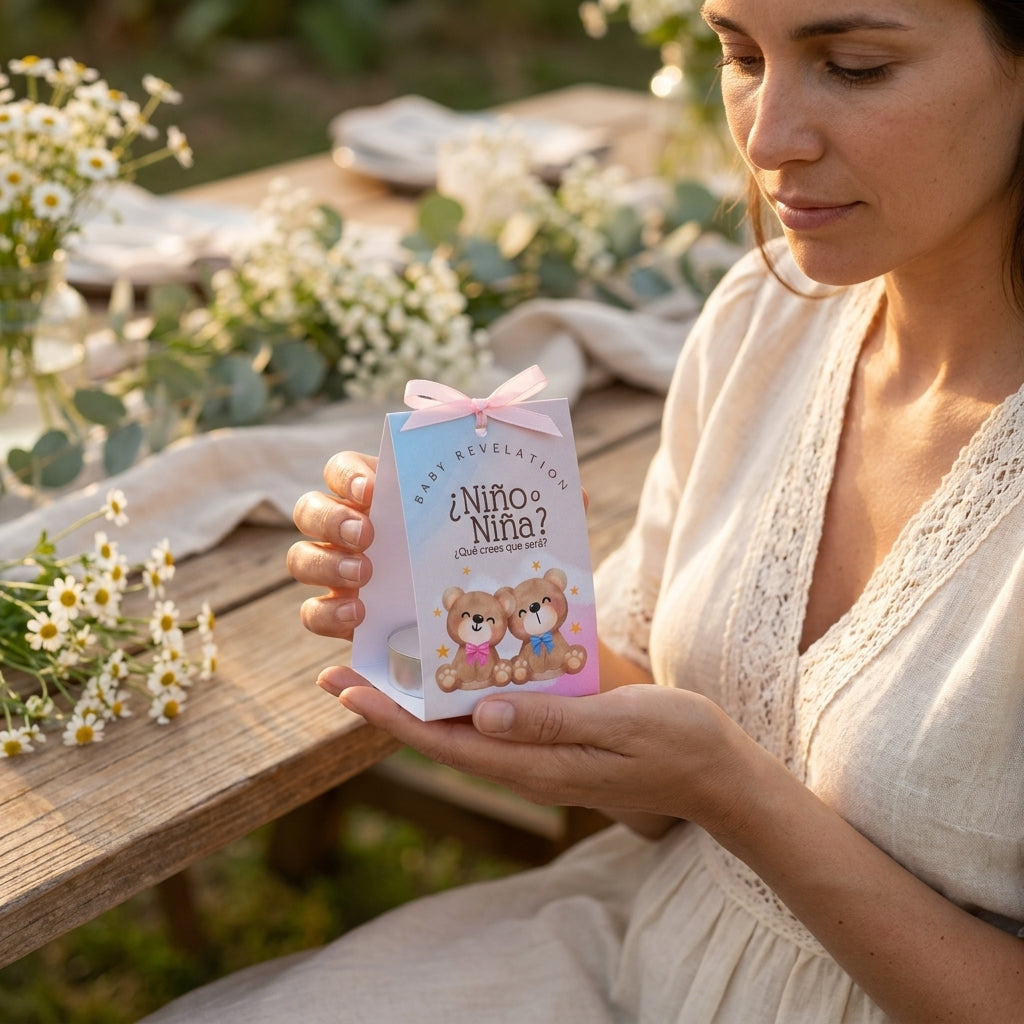 Regalo invitados Gender Reveal Party | Recordatorio velita nacimiento | Recuerdo invitados niño o niña