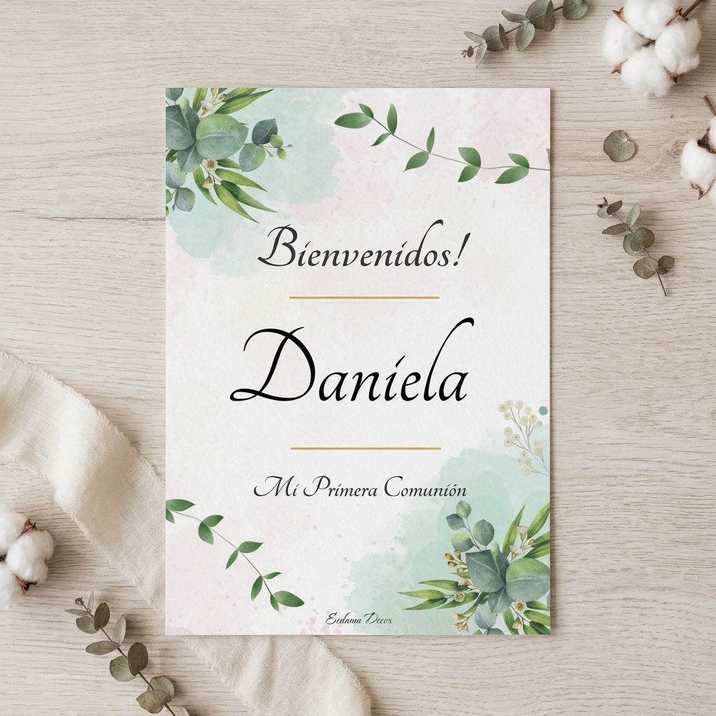 Cartel de Bienvenida con diseño Floral verde | Lámina para dar la bienvenida al evento | Póster personalizable