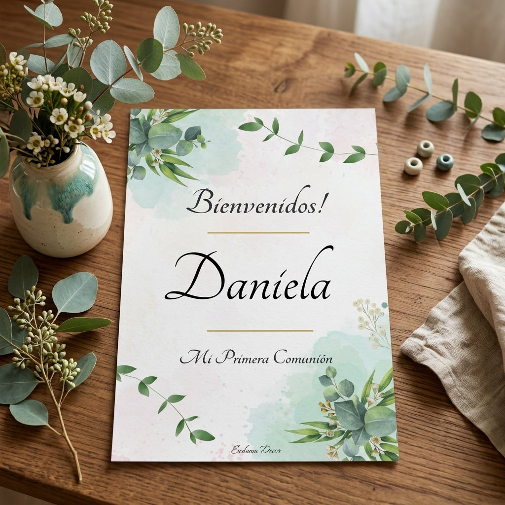 Cartel de Bienvenida con diseño Floral verde | Lámina para dar la bienvenida al evento | Póster personalizable