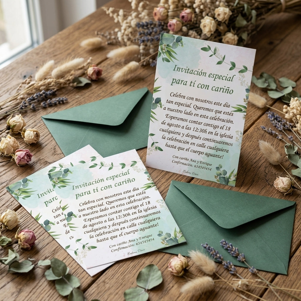 Invitación Personalizable Floral Verde – Diseño elegante natural - Papelería de eventos boda, comuniones, bautizo..