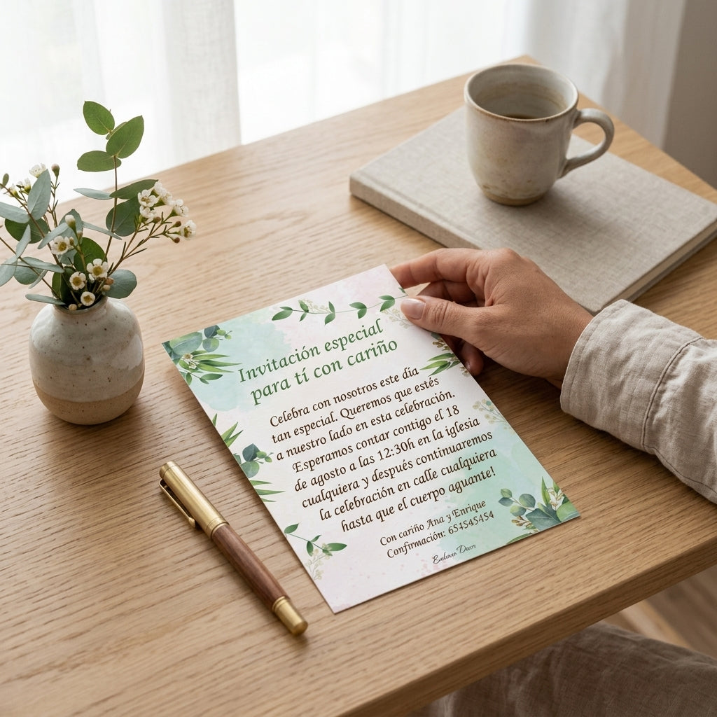 Invitación Personalizable Floral Verde – Diseño elegante natural - Papelería de eventos boda, comuniones, bautizo..