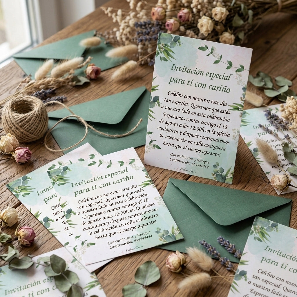 Invitación Personalizable Floral Verde – Diseño elegante natural - Papelería de eventos boda, comuniones, bautizo..