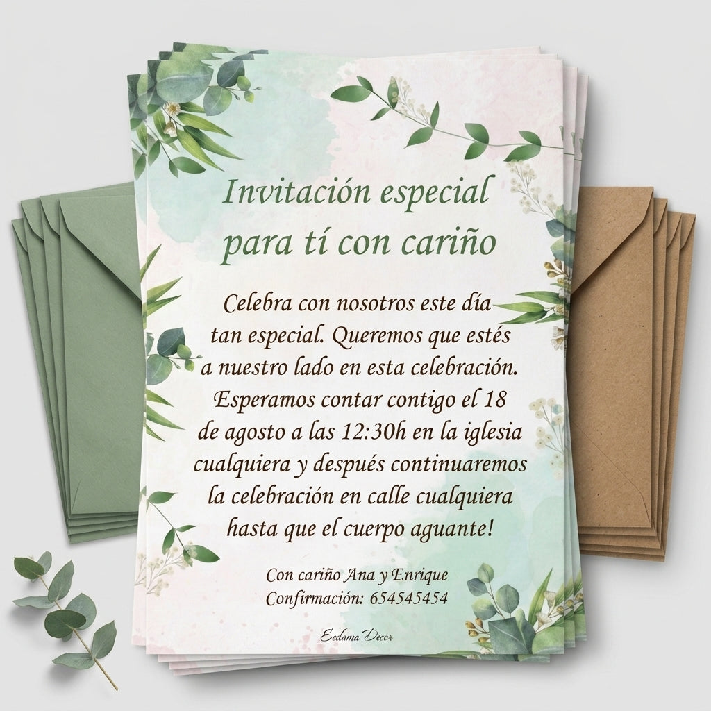 Invitación Personalizable Floral Verde – Diseño elegante natural - Papelería de eventos boda, comuniones, bautizo..
