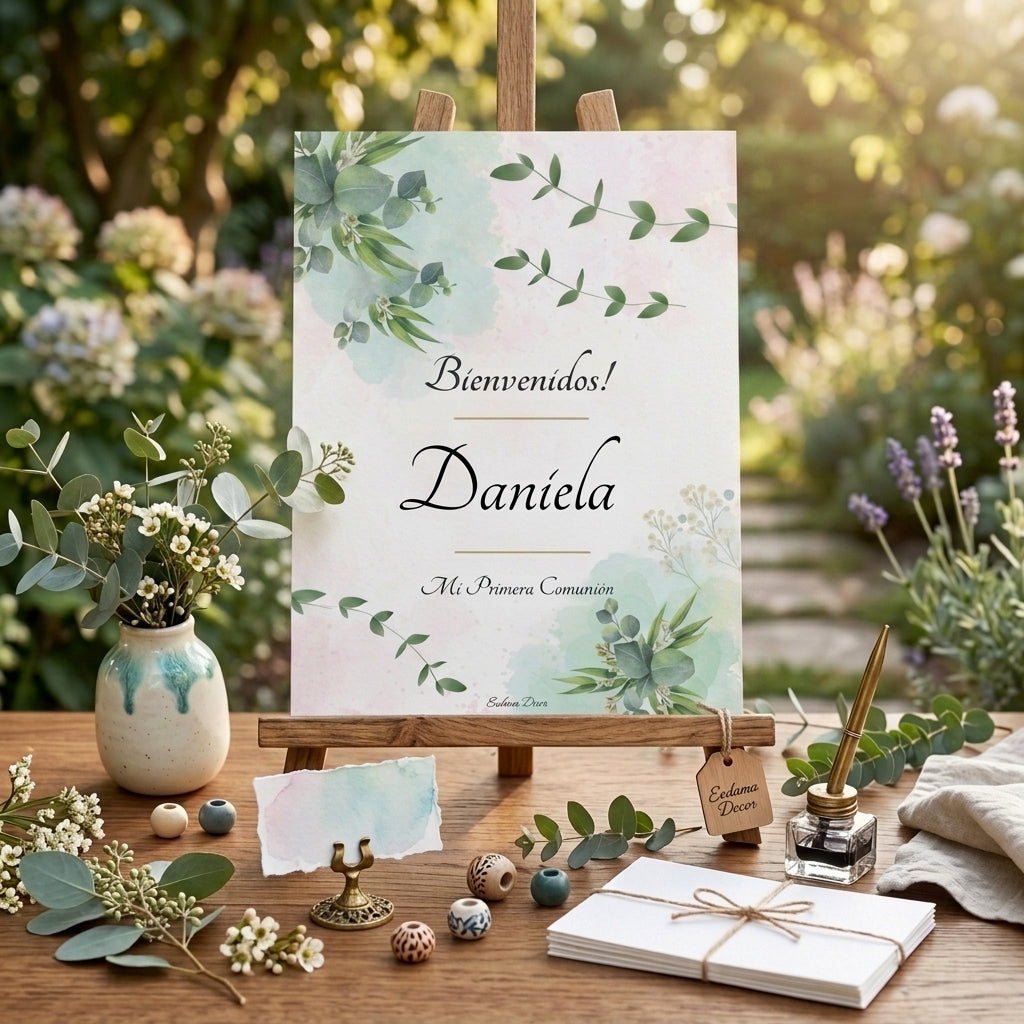 Cartel de Bienvenida con diseño Floral verde | Lámina para dar la bienvenida al evento | Póster personalizable