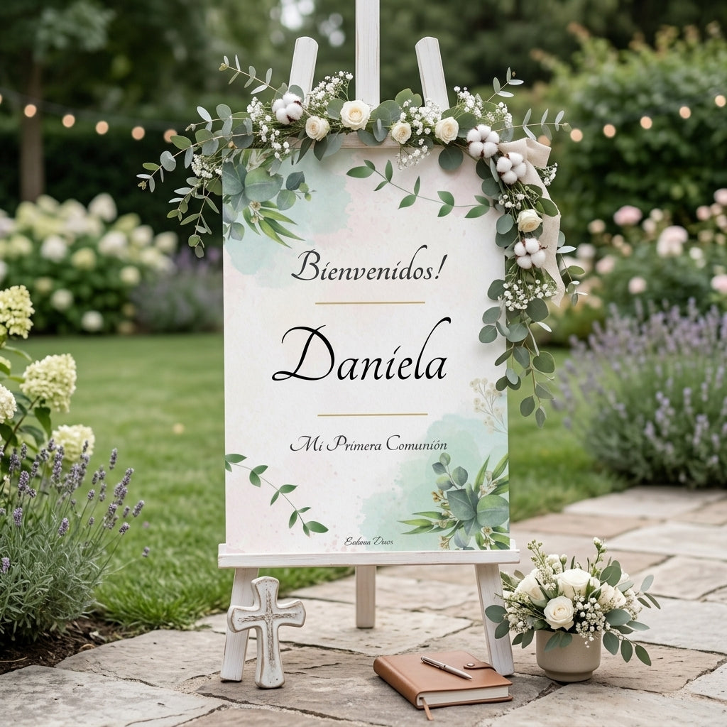 Cartel de Bienvenida con diseño Floral verde | Lámina para dar la bienvenida al evento | Póster personalizable