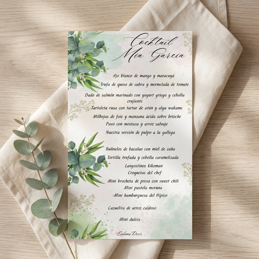 Menú Personalizable Floral Verde – 13×21 cm – Pack de 20 / 50 / 100 – Papel Premium