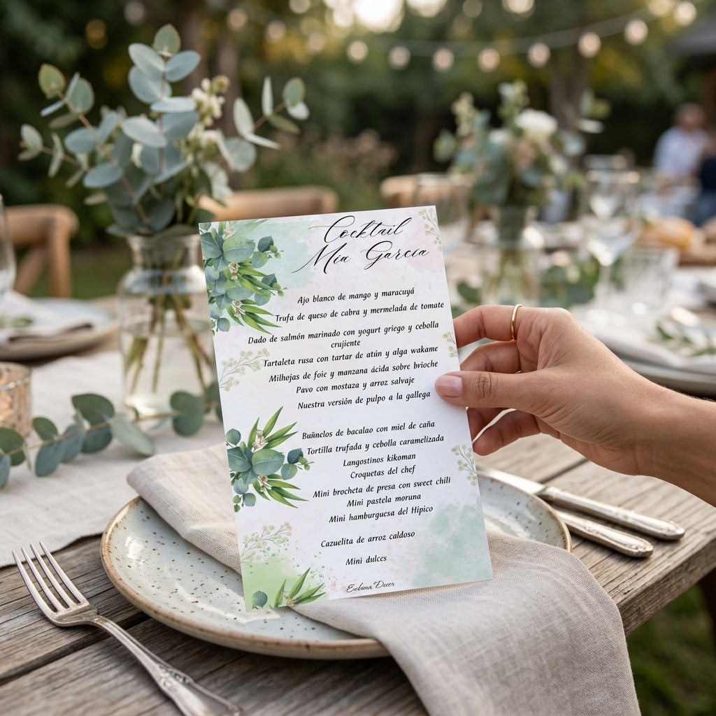 Menú Personalizable Floral Verde – 13×21 cm – Pack de 20 / 50 / 100 – Papel Premium