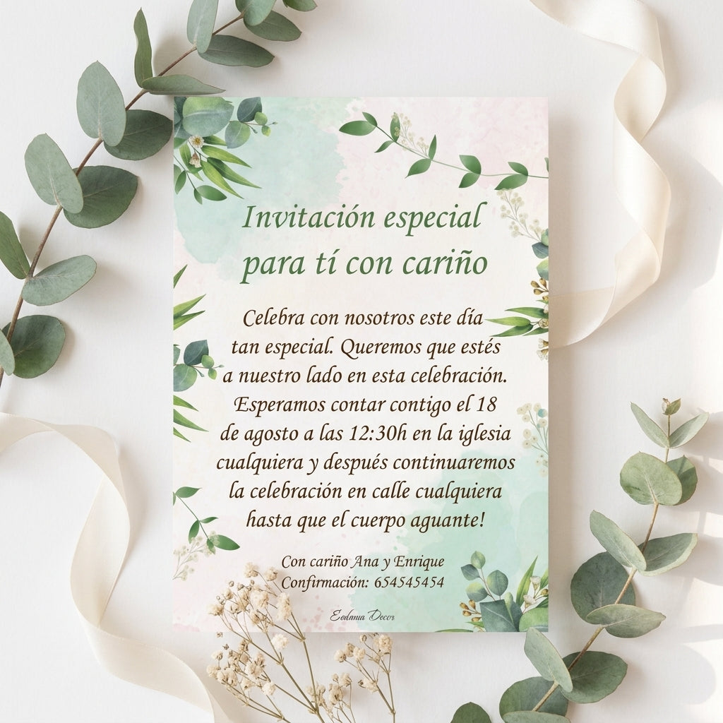 Invitación Personalizable Floral Verde – Diseño elegante natural - Papelería de eventos boda, comuniones, bautizo..