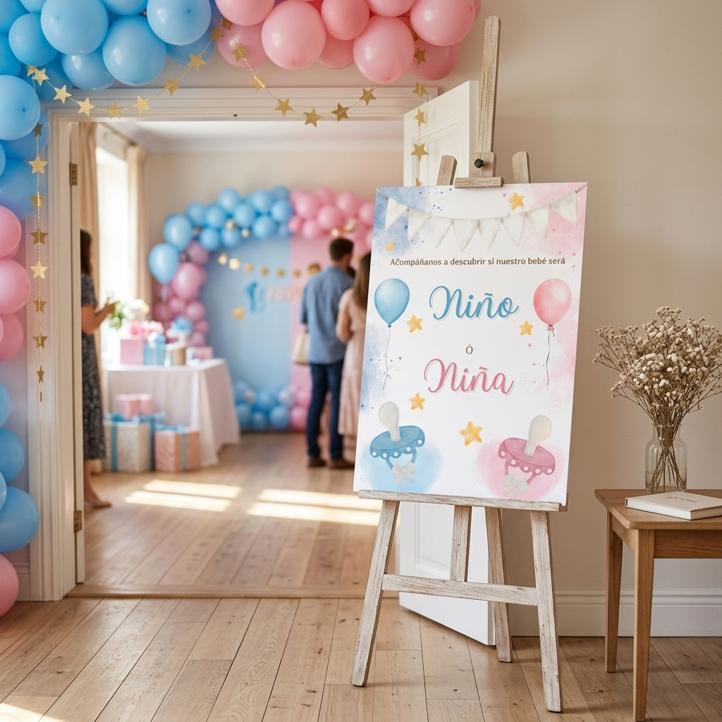 Lámina A3 Bienvenida Gender Reveal Party | Cartel entrada fiesta revelación de género | Azul o rosa | Niño o niña
