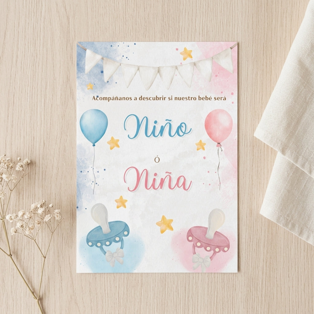 Lámina A3 Bienvenida Gender Reveal Party | Cartel entrada fiesta revelación de género | Azul o rosa | Niño o niña