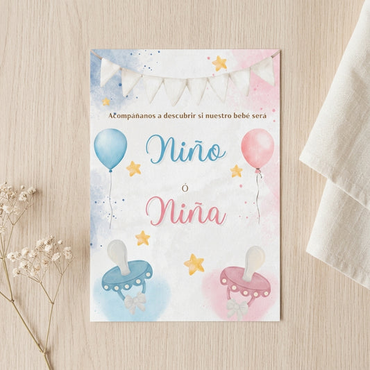Lámina A3 Bienvenida Gender Reveal Party | Cartel entrada fiesta revelación de género | Azul o rosa | Niño o niña