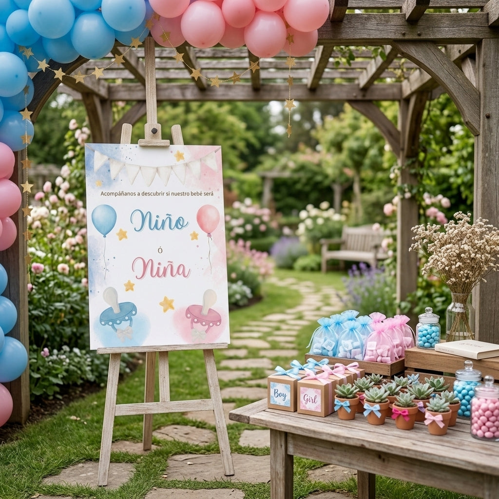 Lámina A3 Bienvenida Gender Reveal Party | Cartel entrada fiesta revelación de género | Azul o rosa | Niño o niña