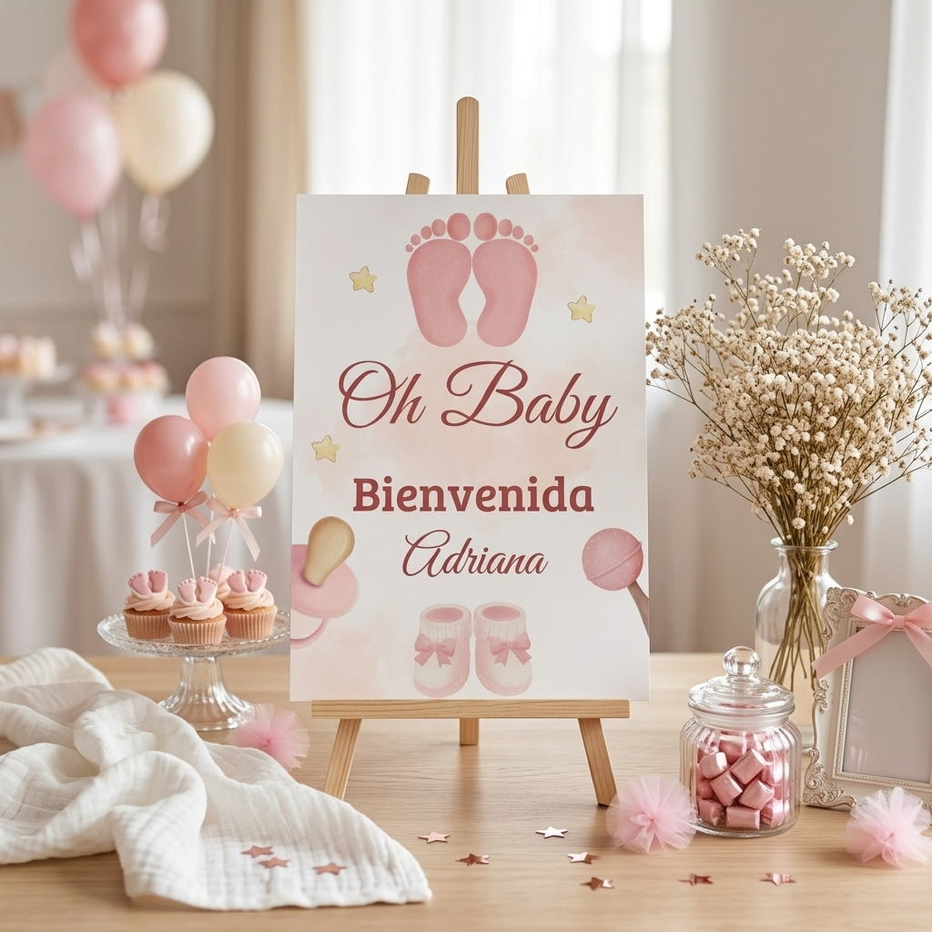 Cartel Baby Shower A3 - "Oh Baby Bienvenida" | Lámina A3 con opción cartón pluma