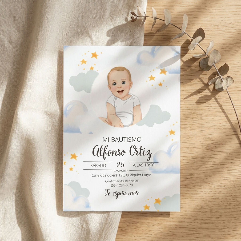 Invitacion bautizo personalizada | Retrato animado bebé bautismo | Recuerdo invitados nacimiento del bebé | Ilustración animada del bebé