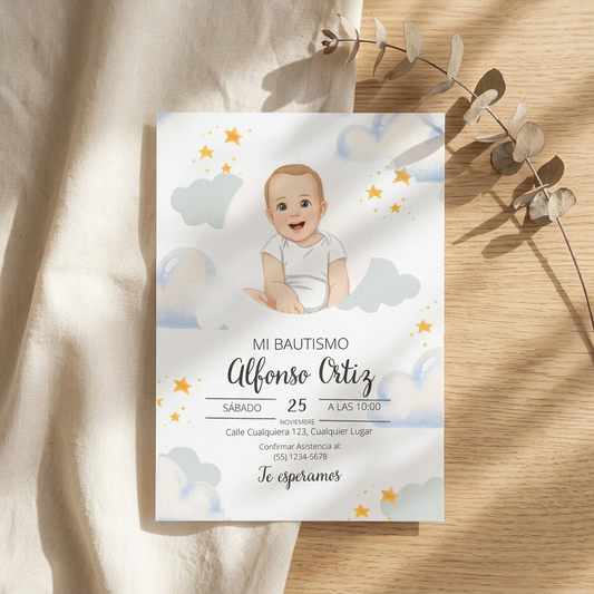 Invitacion bautizo personalizada | Retrato animado bebé bautismo | Recuerdo invitados nacimiento del bebé | Ilustración animada del bebé