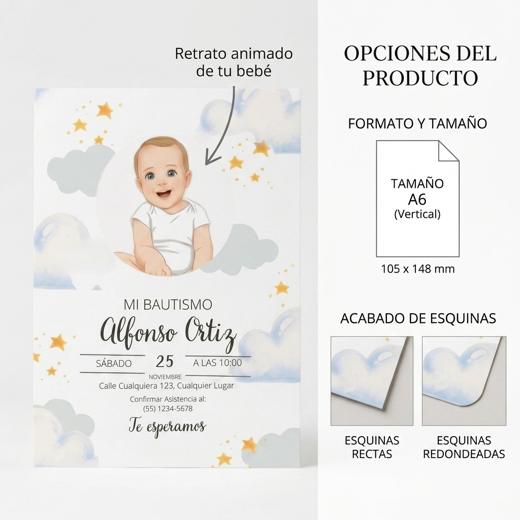 Invitacion bautizo personalizada | Retrato animado bebé bautismo | Recuerdo invitados nacimiento del bebé | Ilustración animada del bebé