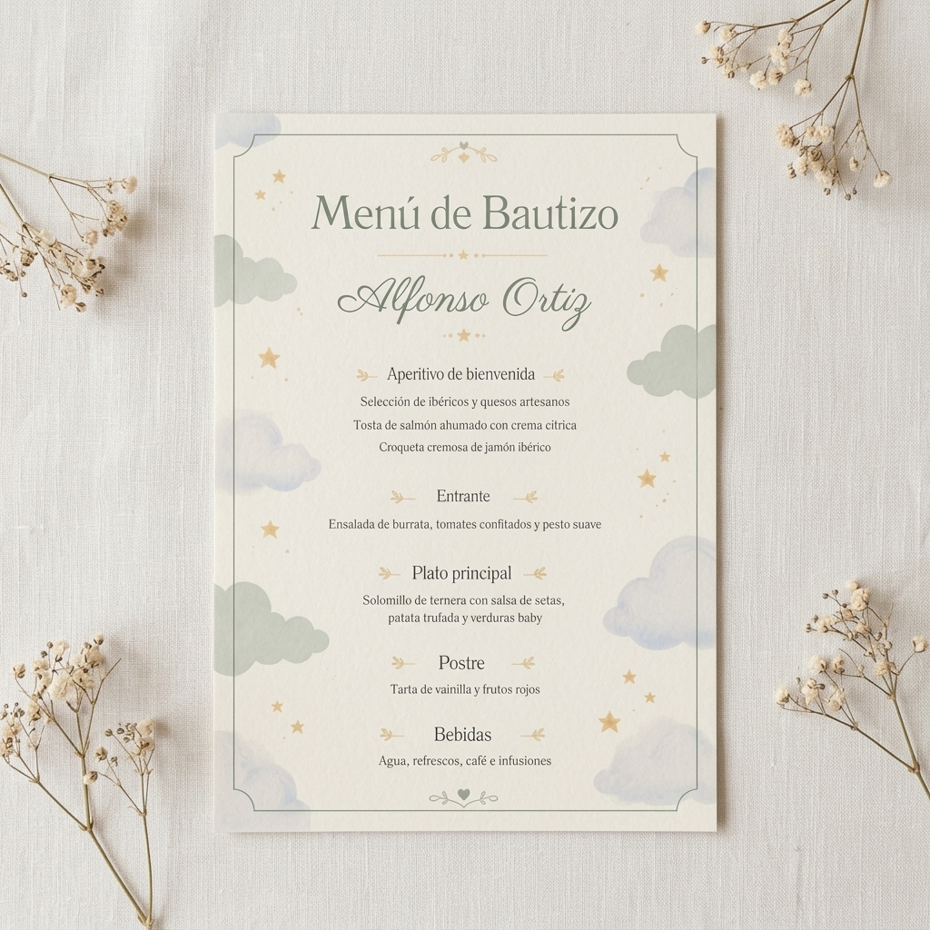 Menú personalizable bautizo | Colección dulce bautizo | Evento hecho a medida | Papelería de evento fiesta nacimiento del bebé