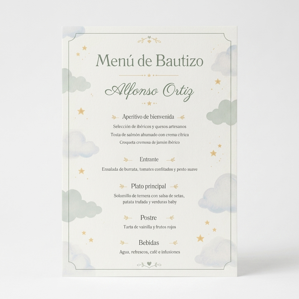 Menú personalizable bautizo | Colección dulce bautizo | Evento hecho a medida | Papelería de evento fiesta nacimiento del bebé