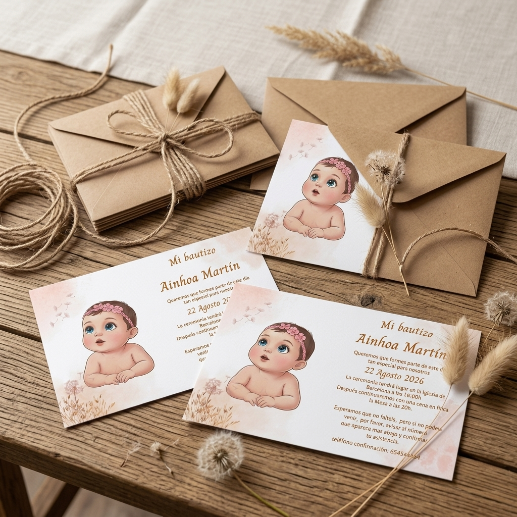 Invitación bautizo retrato animado | Invitaciones de bautismo horizontal o cuadrada | Papelería de eventos retratos personalizados